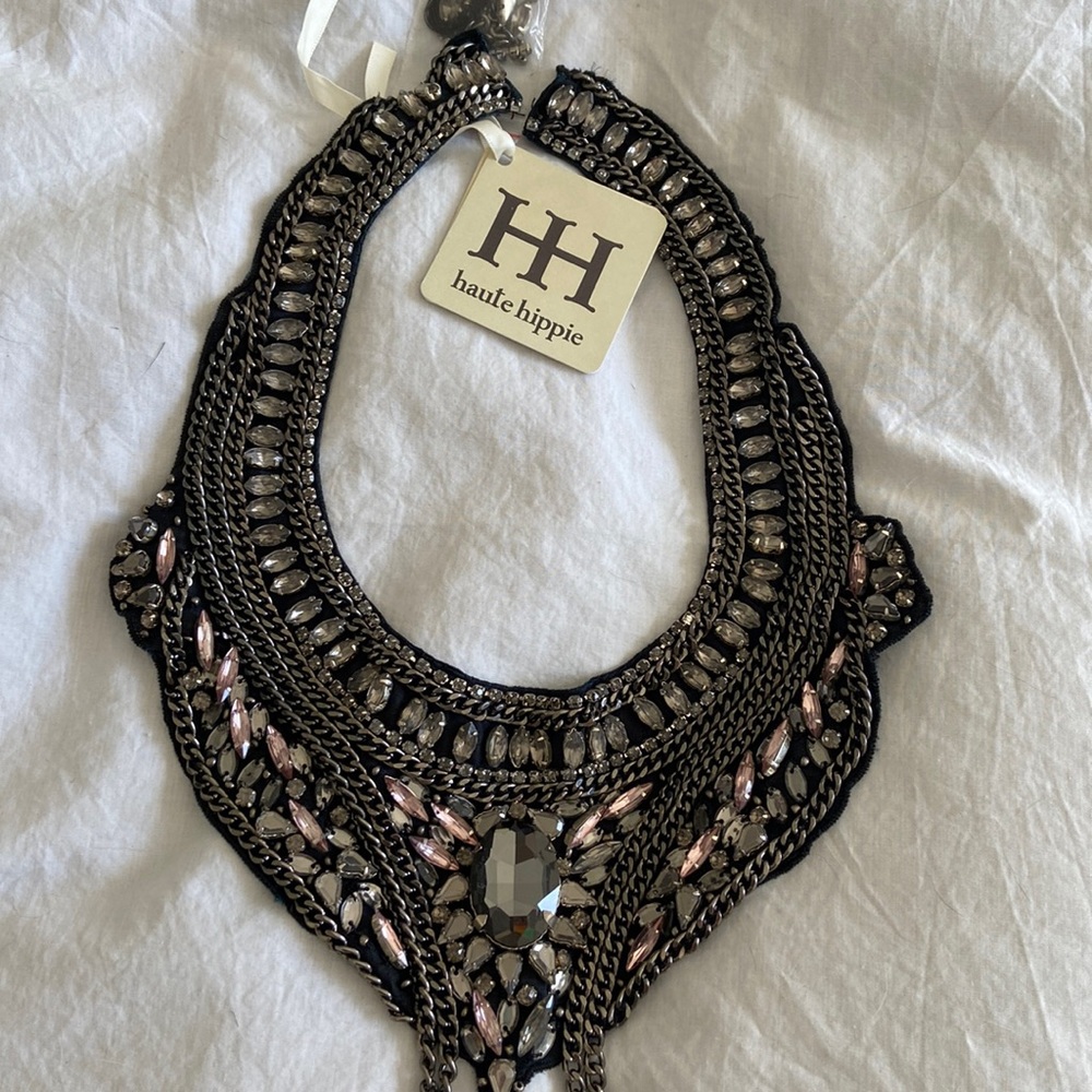 NWT Vintage Haute Hippie Necklace Collar black chain rhinestones Sold Out